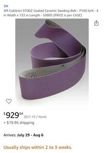 lot 29 image: 3M 970dz 4 x 132 Sanding Belt 80 & 100 Grit  ($371 on Amazon)