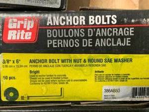 lot 35 image: 250ct (5 boxes) 38 x 6 Grip Rite Anchor Bolts w Nut & Washer