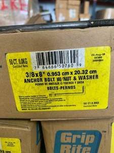 lot 40 image: 250ct (5 boxes) 38 x 8 Grip Rite Anchor Bolts w Nut & Washer
