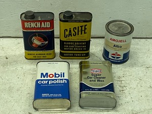 Box Of Assorted Vintage Polish  Solvent  Cleaner Tin Cans