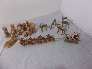 lot 28 image: Brass Santa & Sleigh, Nativity Set, Brass Deer