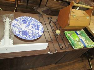 lot 260 image: Wood Sewing Basket, Tablecloth, Met...