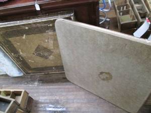 lot 459 image: (3) Folding Card Tables & (2) Folding Metal Chairs Wall By Stairs