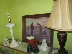 lot 490 image: (2) Table Lamps, Clocks, Painting, ...