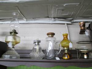 lot 518 image: (3) Oil Lamps, Carafe, & Other Glas...