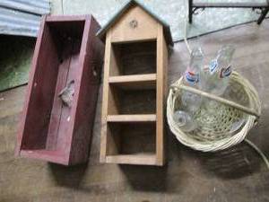 lot 18 image: (2) Wood Wall Shelves, Basket & Vin...
