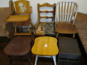 lot 179 image: Lot of 6 Wood Items, (2) Stools, (2...