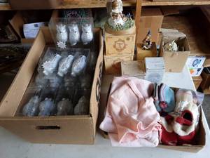 14 Boxes Of 3 Each Shatterproof Owl Ornaments, Assorted Yesterdays Child Figurines & Vintage Baby Clothing