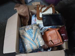 Box Lot Of Vintage Clothes  -Fur Collar, Purses, Jeans, Misc.