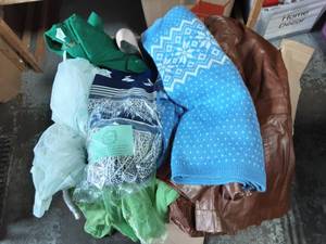 Box Lot Of Vintage Clothes-Leather Jacket, Shoes, Sweaters