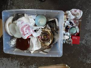 Tote Bin Full Of Vintage Glassware, Pyrex Bowls, Bells, Misc