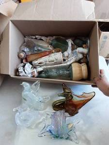Box Lot Vintage Art Glass, Figurines, Bottles, Decanters