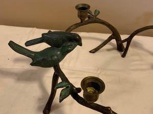 lot 234 image: Pair Decorative Metal Candle Holders with Bird Figurines