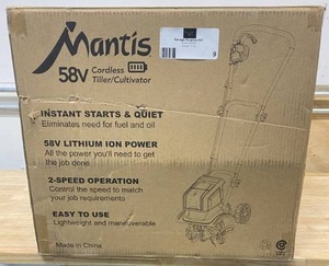 lot 9 image: MANTIS 58 Volt 12 in. Cordless Electric TillerCultivator with 3-Position Wheels