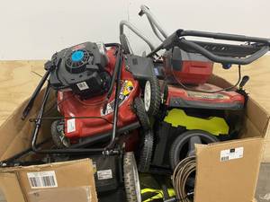 lot 81 image: Pallet of lawn mowers and various yard equip.  Toro, Ryobi and More