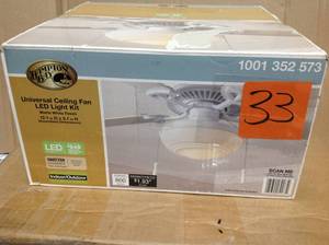 lot 33 image: Universal Ceiling Fan LED Light Kit Matte White with Shatter Resistant Bowl by Hampton Bay in good condition