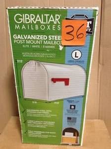 lot 36 image: Gibraltar Mailboxes Elite Large White Galvanized Steel Post-Mount Mailbox in good condition