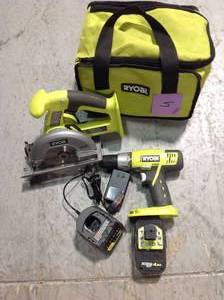 RYOBI 18-Volt ONE Lithium-Ion Cordless 2-Tool Combo Kit w DrillDriver, Circular Saw, (2) 1.5 Ah Batteries, Charger, and Bag in good condition