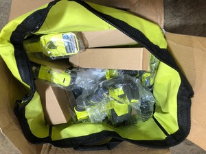 lot 209 image: RYOBI 18-Volt ONE Lithium-Ion Cordless 6-Tool Combo Kit with (2) Batteries, Charger, and Bag See pics 
