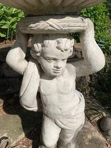 lot 1 image: Pair of Cement Cherub Bird Baths (Henri Studio)