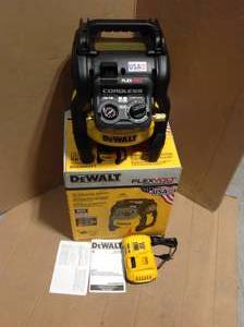 lot 69 image: DEWALT FLEXVOLT 2.5 Gal. 60-Volt MAX Brushless Cordless Electric Air Compressor Kit w Battery 2Ah, Charger and Bonus Battery in good condition