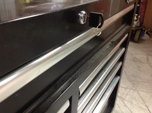 lot 101 image: Husky 46 in. W x 18.1 in. D 9-Drawer Tool Chest Mobile Workbench with Solid Wood Top IN GOOD CONDITIONS