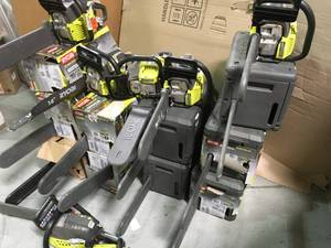LOT WITH 16 ASSORTED RYOBI 14 GAS POWERED CHAINSAWS NOT CHECKED