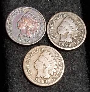 3 INDIAN HEAD CENTS 1891 1892 1893