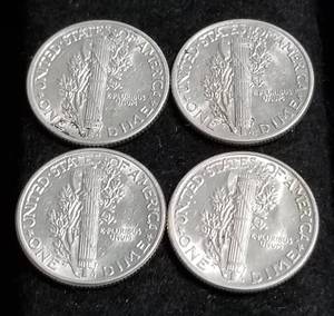 GROUP OF 4 AU-UNC MERCURY DIMES 1941 1942 1943 1944