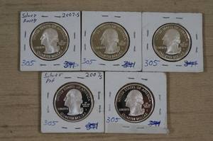 lot 25 image: (5) 2007 Silver Proof Quarters