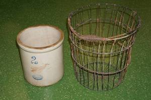 lot 108 image: Red Wing 2 Gallon Stoneware Crock with Wire Basket