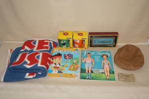 lot 163 image: Vintage Mickey Blanket, Reagan Paper Dolls