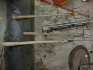 lot 111 image: 3 Pitch Forks, 2 Rakes, and more...