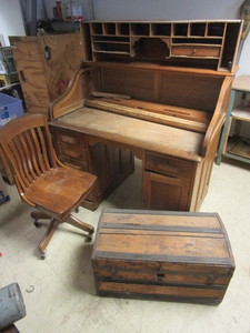 lot 428 image: ANTIQUE ROLL-TOP DESK, DESK CHAIR, CHEST