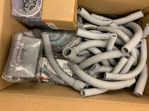 Box of assort PVC Conduit, Connectors, small role of wire