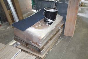 lot 73 image: Lot of (5) Pail of Mannington Infinity 2 Commercial Carpet Tile Advesive 4-Gallon, Boxes of Carpet Tile Flooring
