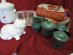 lot 15 image: Crock, Napkin Holder, Cookbooks, SaltPepper, CreamSugar Stoneware, Etc.