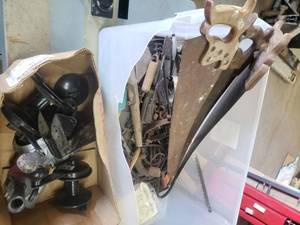 lot 96 image: Boat Anchor Holders, Rope reels, Hand Saws, Etc