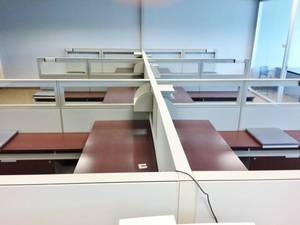 WOW MSRP $48,000 Ultra Quality Teknion Expansion Series Lot Of 6 Executive Semi Enclosed Glass Paneled Desking System With LeftRight Returns &amp Low Credenza WLateral File, Storage Shelves &amp Cushioned Guest Seating&nbsp Excellent Condition