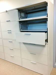 MSRP $3000 Each Super Nova Quality&nbspTeknion 6 Drawer Lateral Filing Cabinets Two Shelves Flip Up &amp Shelf Slides Out Plus Slide Out Shelf To Write On Too - Locking With Key - 73 Tall - Excellent&nbsp This lot is for 1 x 4 Cabinets