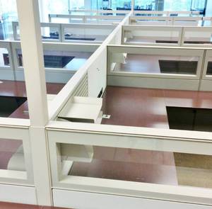WOW MSRP $64,000 Ultra Quality Teknion Expansion Series Lot Of 8 Executive Semi Enclosed Glass Paneled Desking System With LeftRight Returns &amp Low Credenza WLateral File, Storage Shelves &amp Cushioned Guest Seating&nbsp Excellent Condition