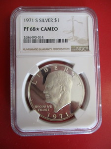 NGC Certified 1971-S Silver Eisenhower Dollar in Proof 68 Star (Meaning close to 69) Cameo Condition. Certification Number 2686490-014.