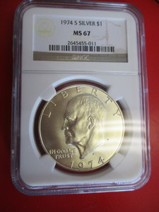 NGC Certified 1974-S Silver Eisenhower Dollar in Mint State 67 Condition. Certification Number 2645455-011.