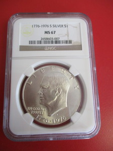 NGC Certified 1776-1976-S Bicentennial Silver Eisenhower Dollar in Mint State 67 Condition. Certification Number 2658603-007. Has the distinctive Moon and Liberty Bell Reverse.