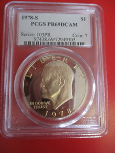 PCGS Certified 1978-S Eisenhower Dollar in Proof 69 Deep Cameo Condition. Beautiful mirrored surface on obverse and reverse. Certification Number 97438.6972949305