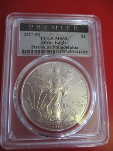 RARE PCGS Premier Certified 2017-P (Yes, Philadelphia Mint) American Silver Eagle in Mint State 69 Condition.