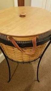 lot 150 image: Longaberger Work Around Hostess Pot Of Gold Basket Combo with Wrought Iron Stand