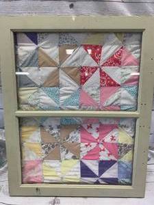 lot 44 image: Vintage Framed Antique Quilt Made Glass Window 22 x 28