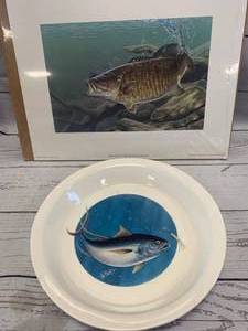 lot 73 image: Les Kouba Yellowfin Tuna Plate & Bass Picture