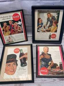 lot 75 image: Vintage 1940s & 1950s Framed Coca Cola Ads (set of 4)